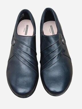 Clarks Hope Roxanne Slip On Comfort Loafer Black Leather Ruched Women's 7.5M